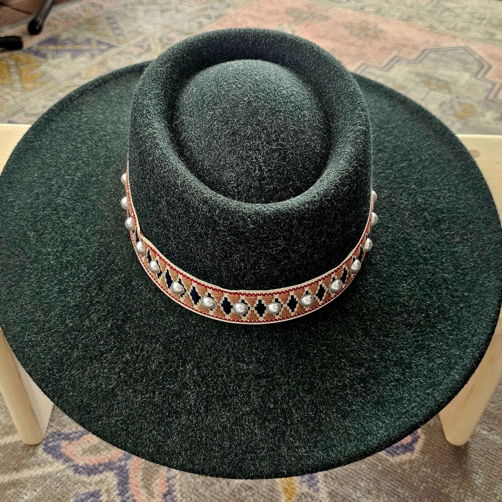 Elegant Green Wide-Brim Hat with Beaded Band